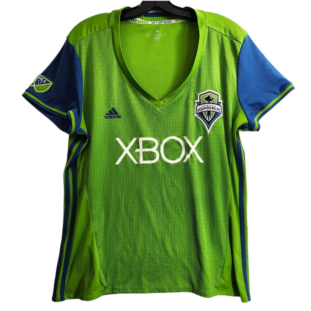SEATTLE SOUNDERS FC Jersey Womens 2XL Green Blue ADIDAS V-Neck XBOX MLS Soccer